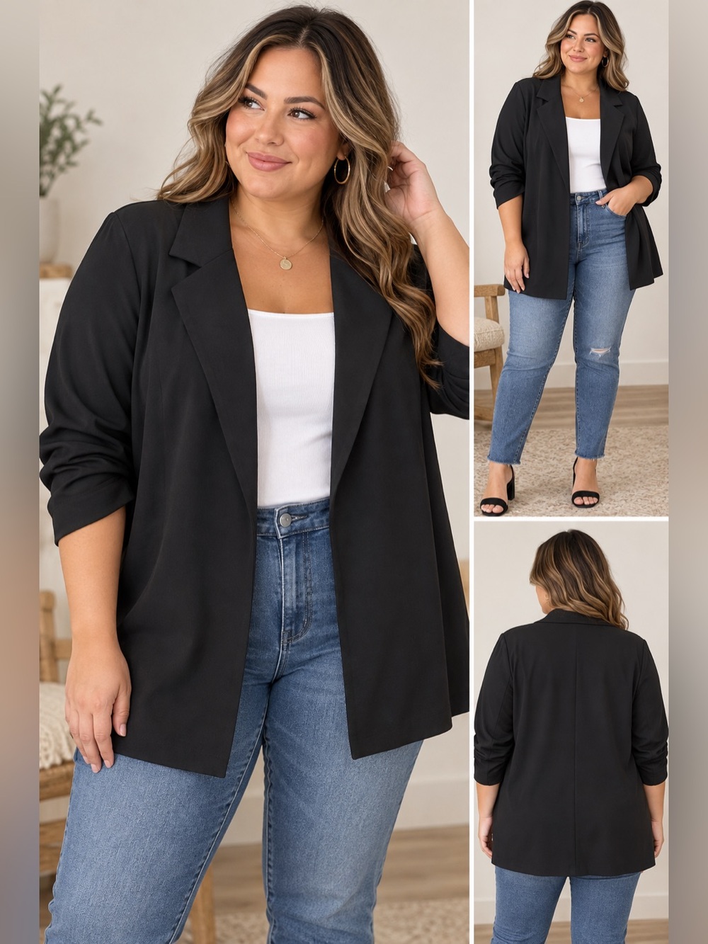 Dear Scarlett Black Ruched Sleeve Stretch Open Front Blazer 2x